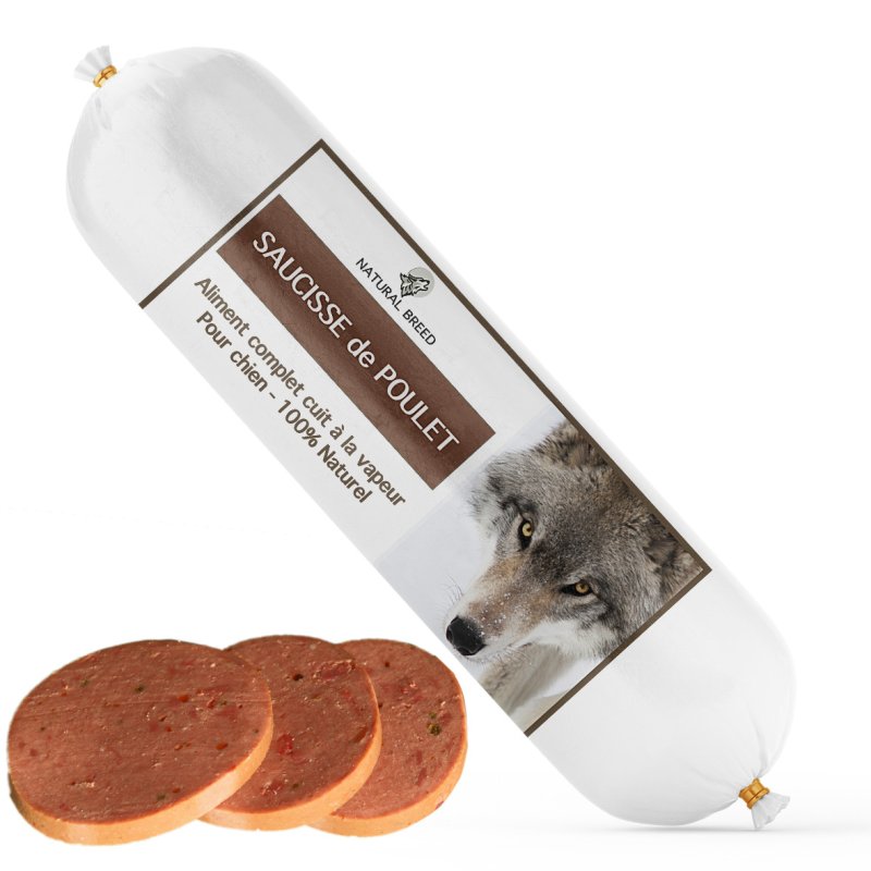 Saucisse de poulet longue conservation - Aliment complet Chien, convient en friandise