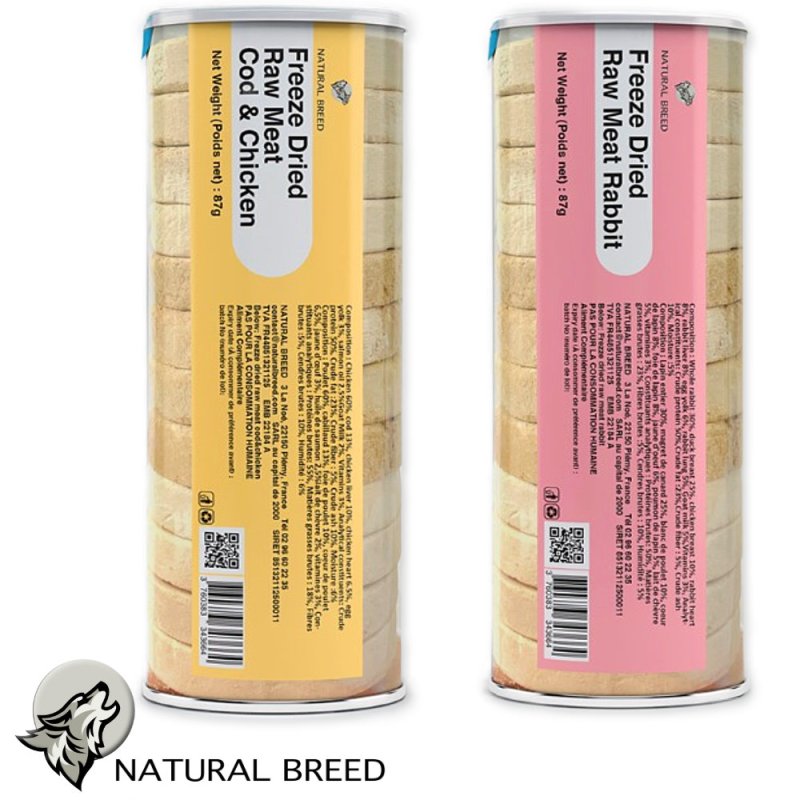 Viande crue lyophilisée - Pack Morue-Poulet & Lapin. Complément alimentaire pour chien & chat