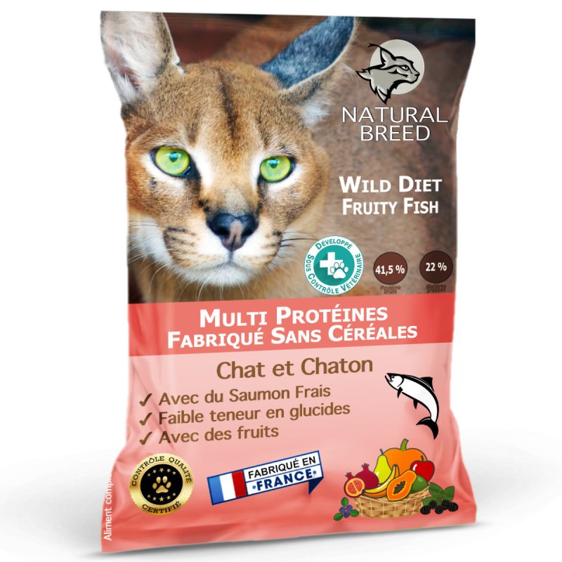 Wild Cat Fruity Fish Cat - Aliment complet sans céréales pour Chat et Chaton, avec Saumon frais, Cabillaud, Aiglefin et Fruits.