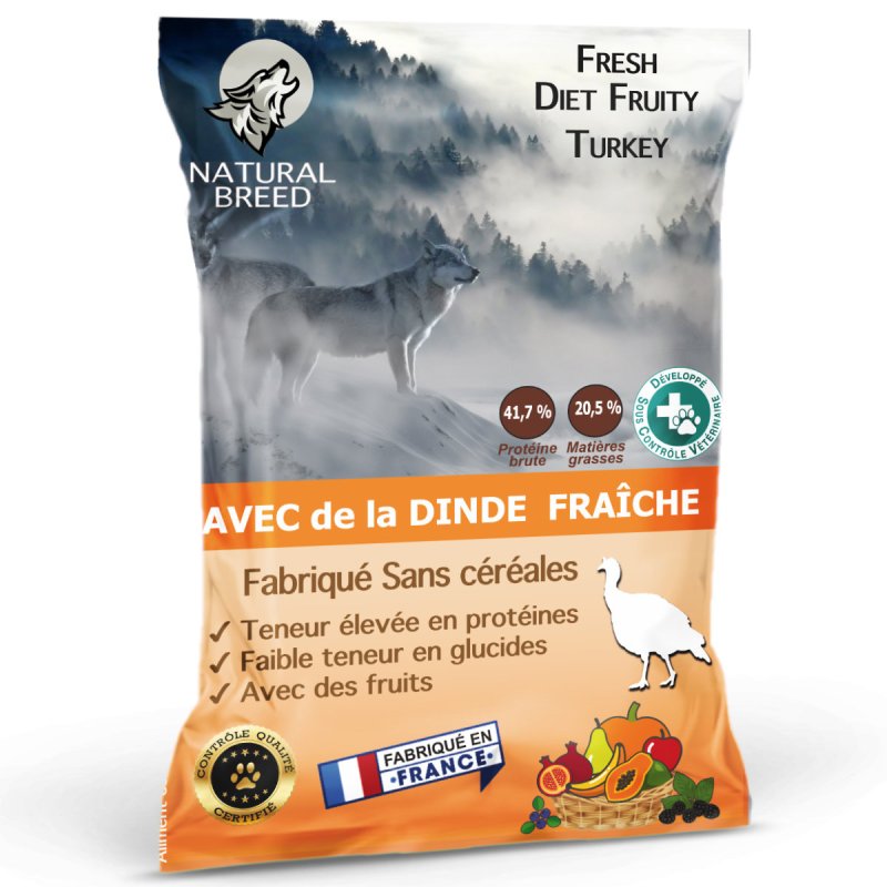 Fresh Diet Fruity Turkey - Aliment complet sans céréales pour Chien adulte, Riche en Dinde frais et Fruits