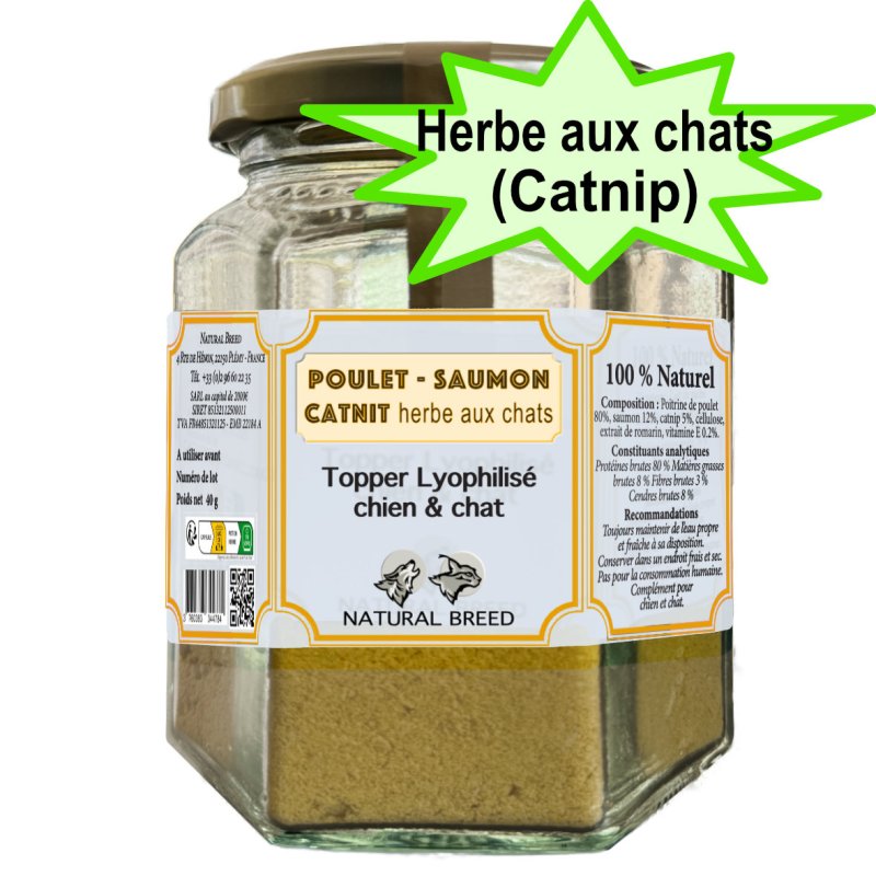 Topper lyophilisé pour Chien et Chat - Poulet, saumon & catnip (herbe aux chats)