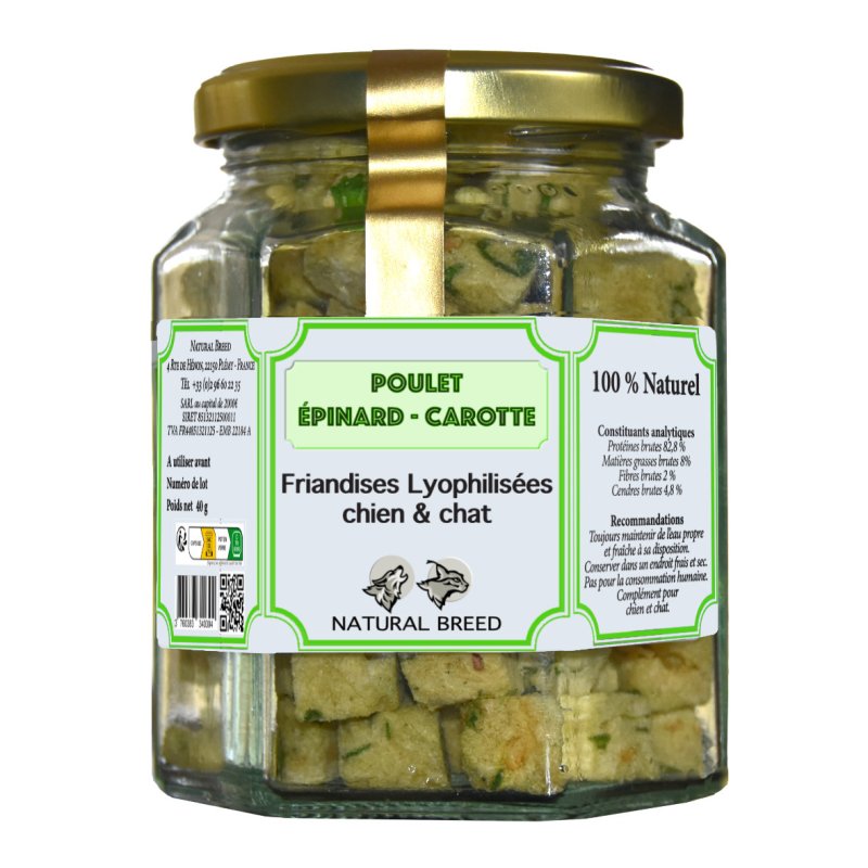 Friandise naturelle lyophilisée Chien Chat - 100% Poulet,épinard,carotte