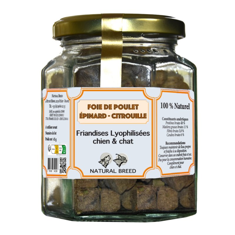 Friandise naturelle lyophilisée Chien Chat - 100% Foie poulet,épinard,citrouille