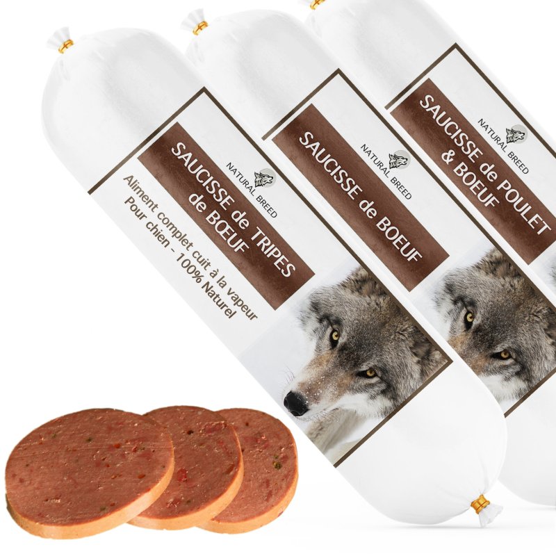 Saucisse de viande fraîche longue conservation Pack Boeuf - Aliment complet Chien, convient en friandise